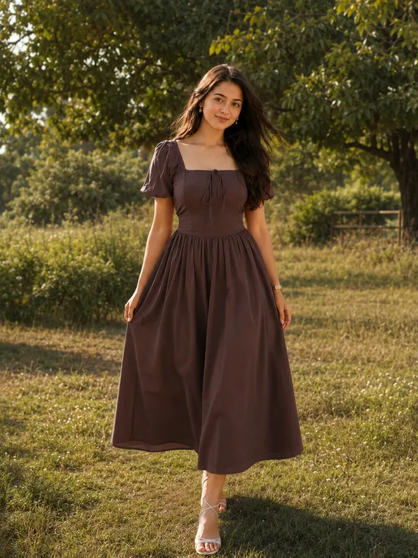 Brown_Tie-Up_Fit_&_Flare_Puff_Sleeves_Dress