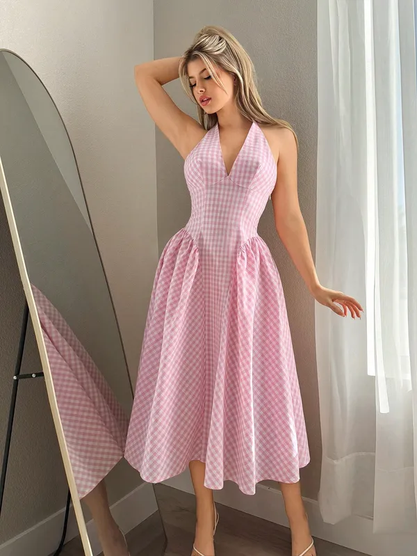 Elyraa Pink Gingham Check Halter Neck Midi Dress Price in India - Buy  Elyraa Pink Gingham Check Halter Neck Midi Dress online at https://elyraa.in