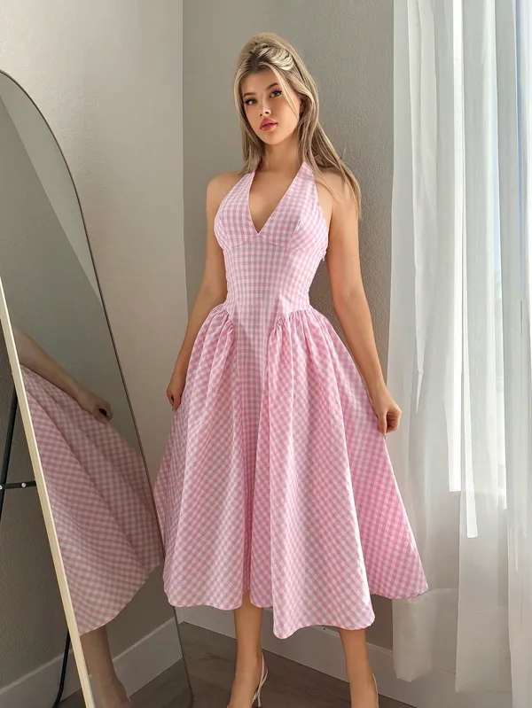 Pink_Gingham_Check_Halter_Neck_Midi_Dress
