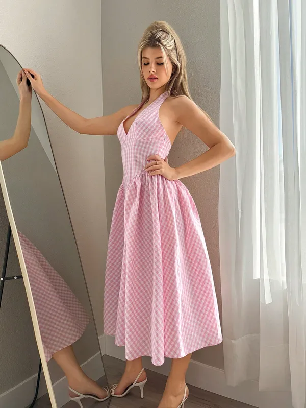 Pink_Gingham_Check_Halter_Neck_Midi_Dress