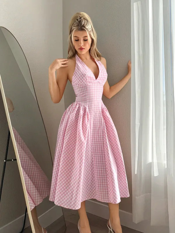 Pink_Gingham_Check_Halter_Neck_Midi_Dress