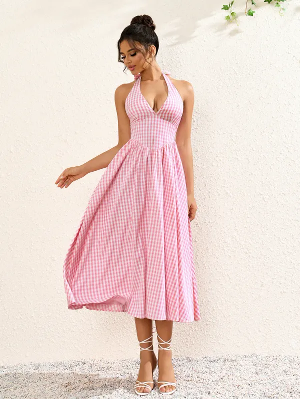 Elyraa Pink Gingham Plaid Halter Neck Dress Price in India - Buy Elyraa  Pink Gingham Plaid Halter Neck Dress online at https://elyraa.in
