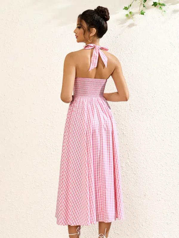 Pink_Gingham_Plaid_Halter_Neck_Dress