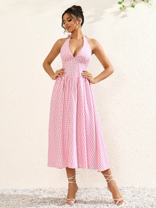 Pink_Gingham_Plaid_Halter_Neck_Dress