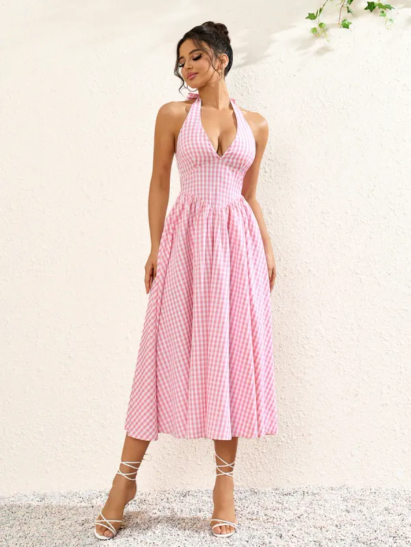 Pink_Gingham_Plaid_Halter_Neck_Dress