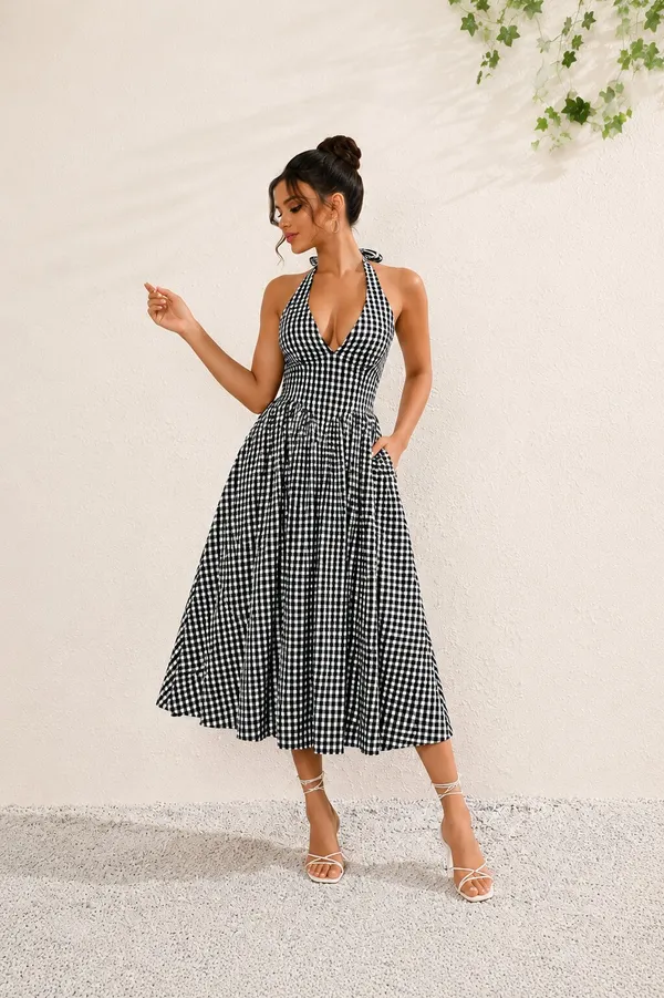 Black_Gingham_Plaid_Halter_Neck_Dress