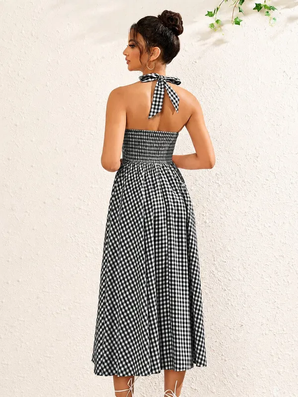 Black_Gingham_Plaid_Halter_Neck_Dress