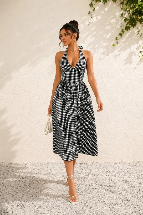 Black_Gingham_Plaid_Halter_Neck_Dress