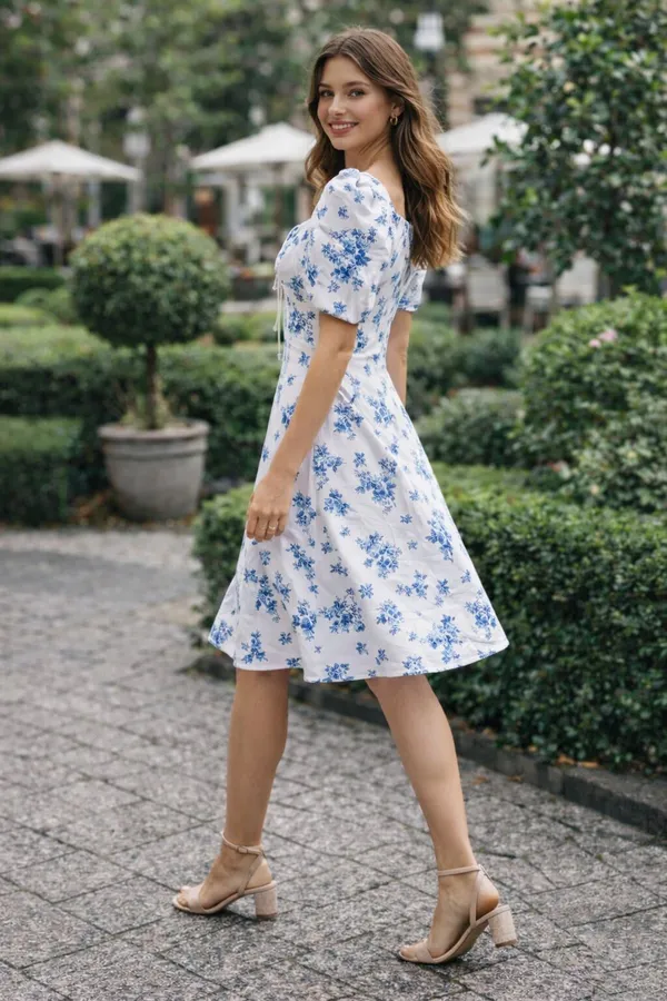 White_and_Blue_Floral_Puff_Sleeve_Dress