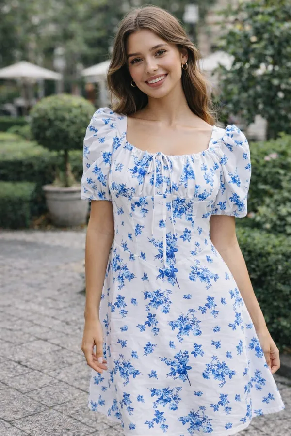 White_and_Blue_Floral_Puff_Sleeve_Dress