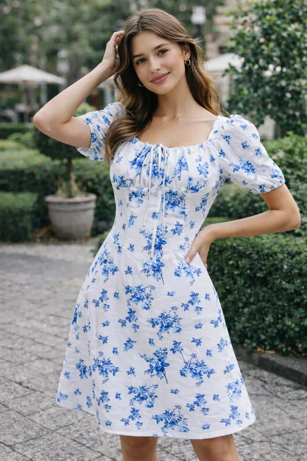 Elyraa White and Blue Floral Puff Sleeve Dress Price in India