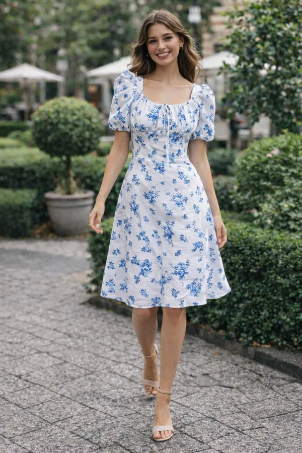 White_and_Blue_Floral_Puff_Sleeve_Dress