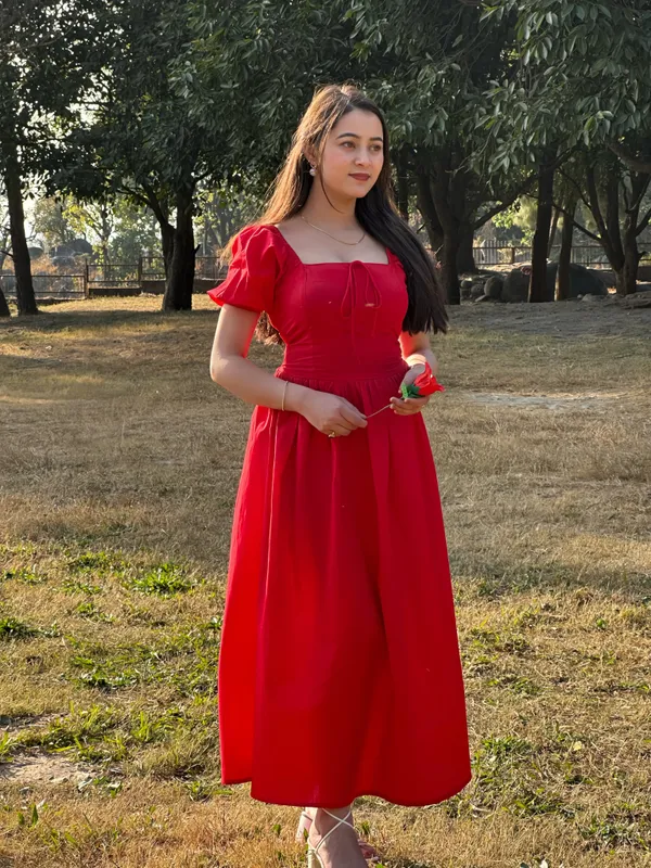 Red_Tie-Up_Fit_&_Flare_Puff_Sleeves_Dress