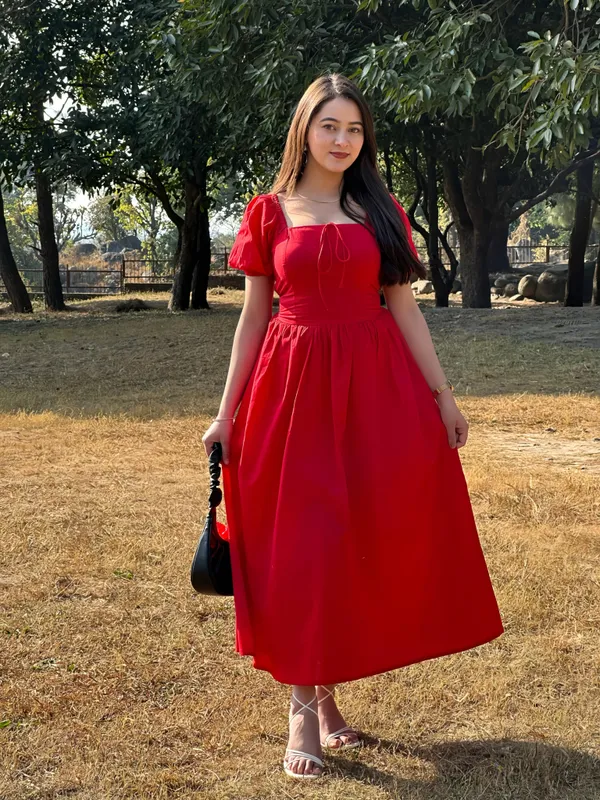 Red_Tie-Up_Fit_&_Flare_Puff_Sleeves_Dress