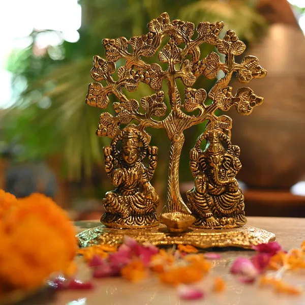 Golden_Metal_Laxmi,_Ganesh_With_Leaves_Tree_And_Diya_Design_For_Office_Temple_&_Home_Decoration