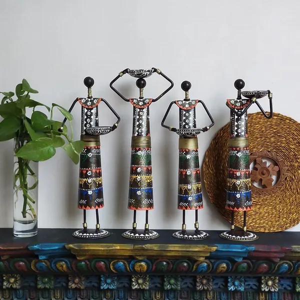The_Kutir_Metal_Set_Of_4_Rajasthani_Tribal_Majdoor_Ladies_Hand-Painted_Tea_Light_Holder_Cum_Showpiece_-