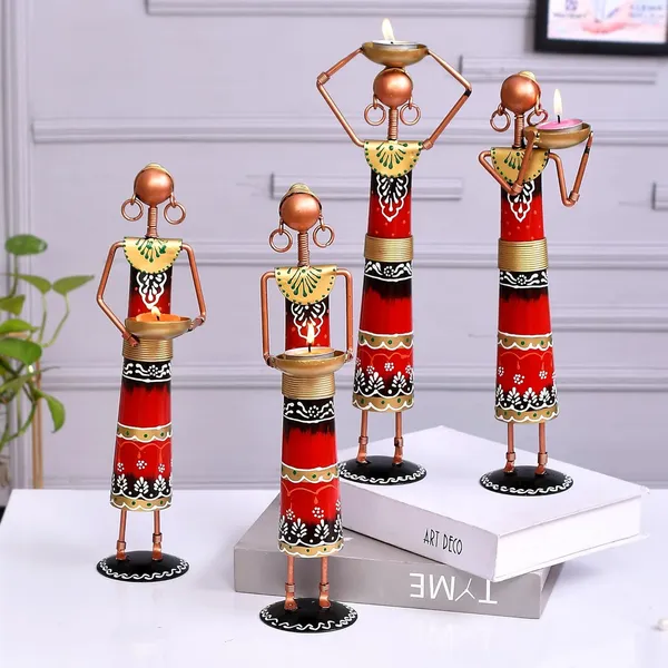 Red_Metal_Set_Of_4_Rajasthani_Tribal_Majdoor_Ladies_Hand-Painted_Tea_Light_Holder_Cum_Showpiece
