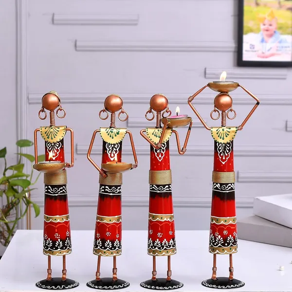 Red_Metal_Set_Of_4_Rajasthani_Tribal_Majdoor_Ladies_Hand-Painted_Tea_Light_Holder_Cum_Showpiece