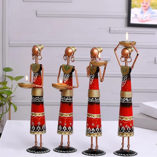 Red_Metal_Set_Of_4_Rajasthani_Tribal_Majdoor_Ladies_Hand-Painted_Tea_Light_Holder_Cum_Showpiece
