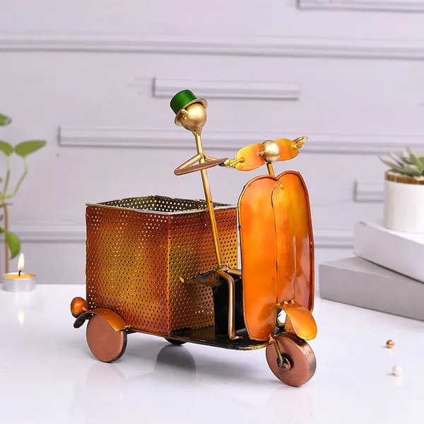 Yellow_Metal_Scooter_Pen_Stand_With_Clock_Nautical_Inspired_Desk_Organizer_For_Pens_And_Pencils_Decorative_Office_Accessory