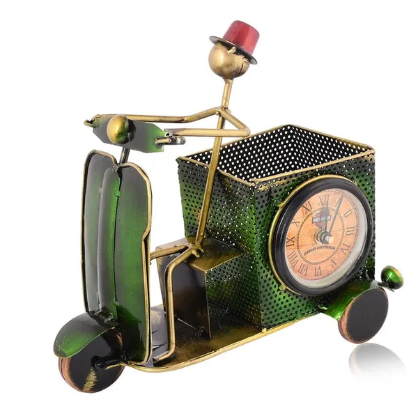 Green_Metal_Scooter_Pen_Stand_With_Clock_Nautical_Inspired_Desk_Organizer_For_Pens_And_Pencils_Decorative_Office_Accessory