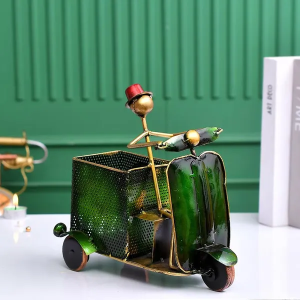 Green_Metal_Scooter_Pen_Stand_With_Clock_Nautical_Inspired_Desk_Organizer_For_Pens_And_Pencils_Decorative_Office_Accessory