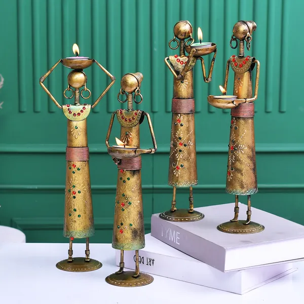 Antique_Metal_Set_Of_4_Rajasthani_Tribal_Labour_Ladies_Hand-Painted_T-Light_Holder_Cum_Showpiece