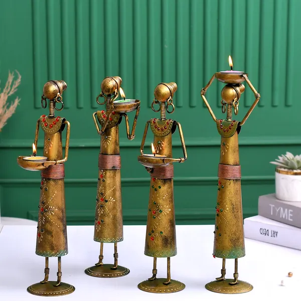 Antique_Metal_Set_Of_4_Rajasthani_Tribal_Labour_Ladies_Hand-Painted_T-Light_Holder_Cum_Showpiece