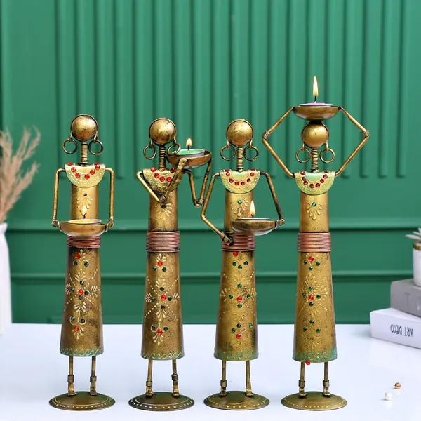 Antique_Metal_Set_Of_4_Rajasthani_Tribal_Labour_Ladies_Hand-Painted_T-Light_Holder_Cum_Showpiece
