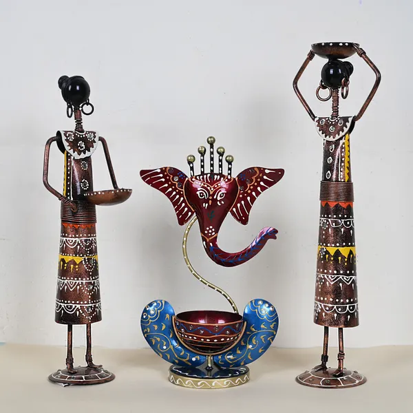 Multicolor_Handicrafted_Labour_Lady_T-Lite_Pair_With_Ganesh_T-Lite