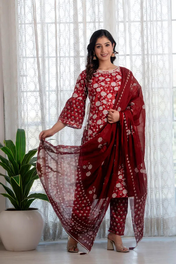 Maroon_Floral_Printed_Thread_Work_Pure_Cotton_Kurta_&_Trousers_With_Dupatta_For_Women