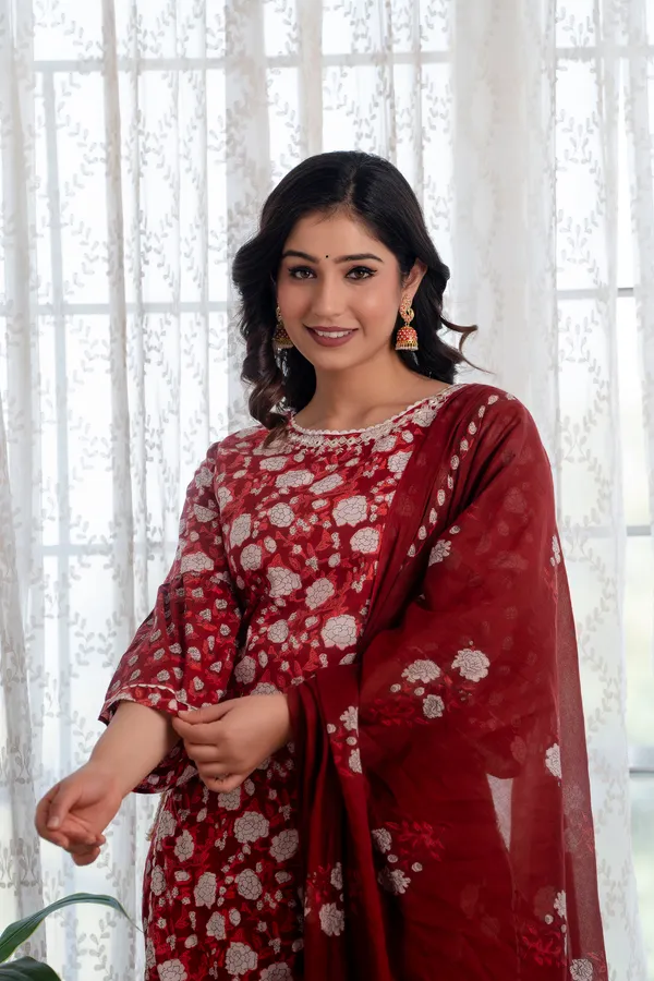 Maroon_Floral_Printed_Thread_Work_Pure_Cotton_Kurta_&_Trousers_With_Dupatta_For_Women