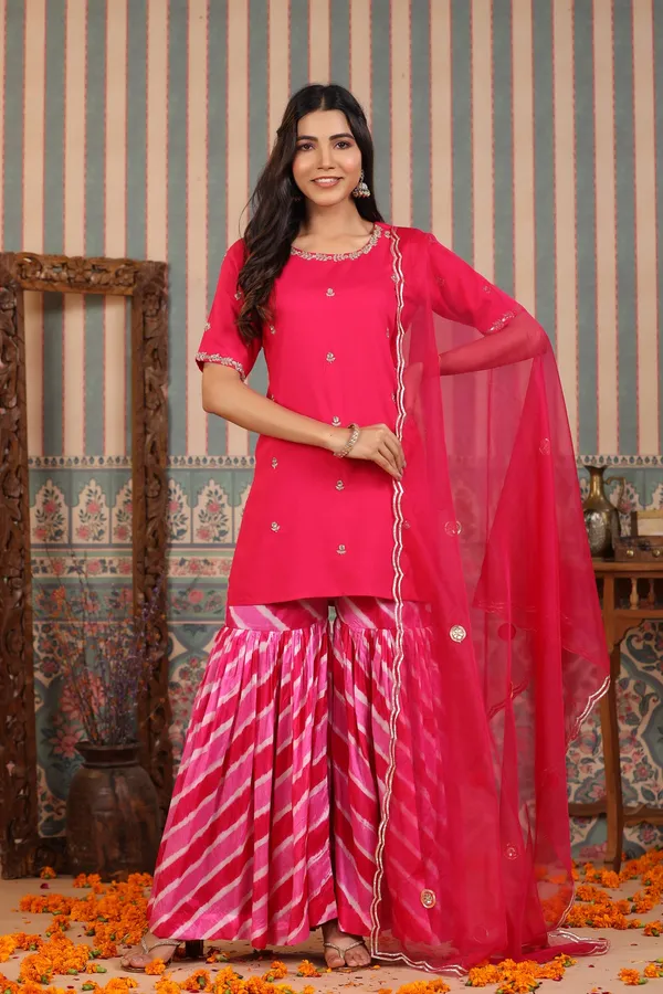 Pink_Handwork_Leheriya_Muslin_Sharara_Set_For_Women