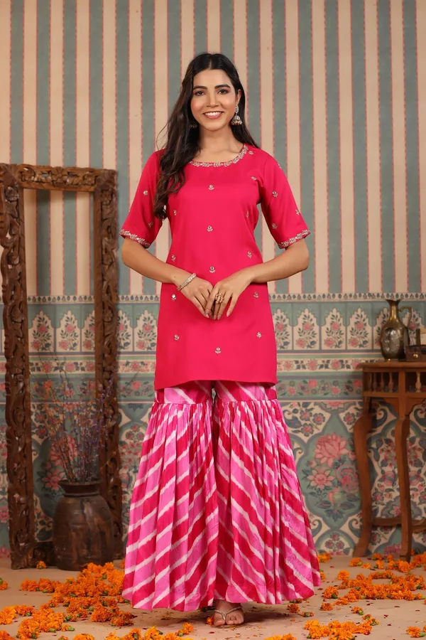 Pink_Handwork_Leheriya_Muslin_Sharara_Set_For_Women