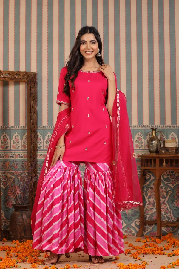 Pink_Handwork_Leheriya_Muslin_Sharara_Set_For_Women