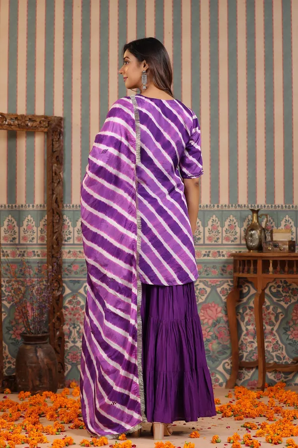 Purple_Heather_Embroidered_Leheriya_Muslin_Sharara_Set_For_Women