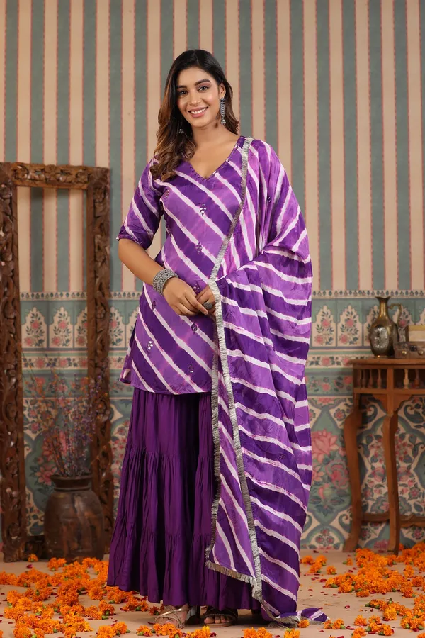 Purple_Heather_Embroidered_Leheriya_Muslin_Sharara_Set_For_Women
