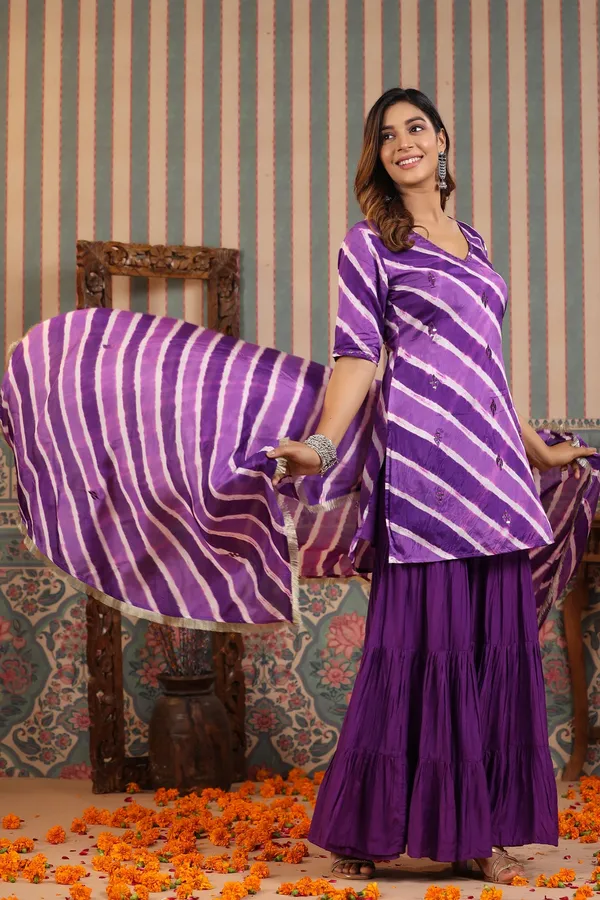 Purple_Heather_Embroidered_Leheriya_Muslin_Sharara_Set_For_Women