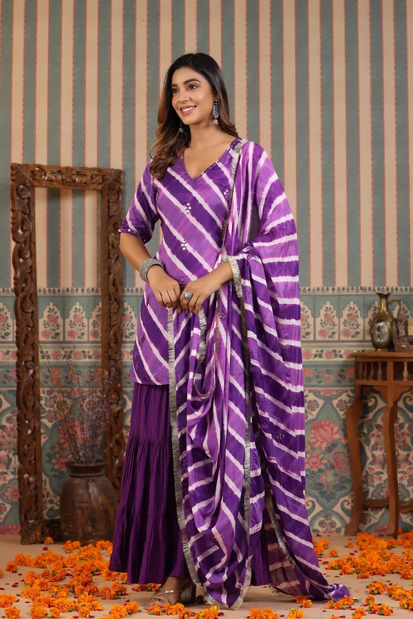 Purple_Heather_Embroidered_Leheriya_Muslin_Sharara_Set_For_Women