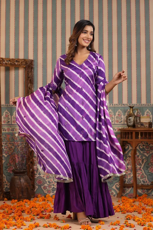 Purple_Heather_Embroidered_Leheriya_Muslin_Sharara_Set_For_Women