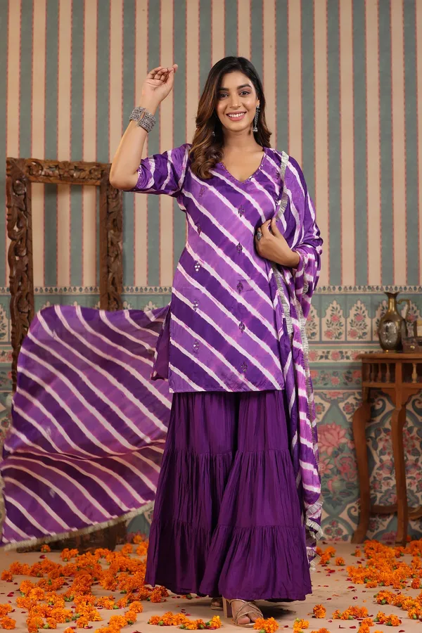Purple_Heather_Embroidered_Leheriya_Muslin_Sharara_Set_For_Women