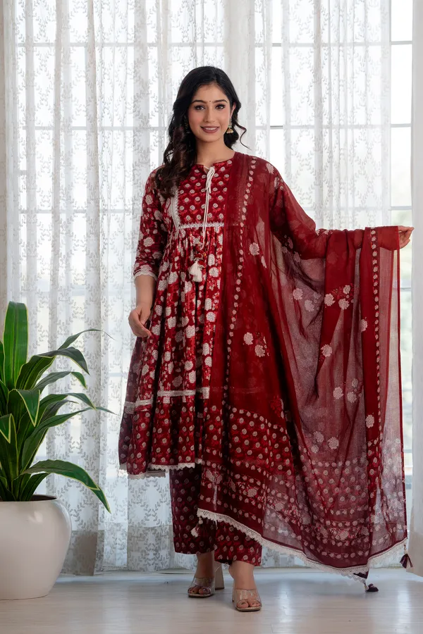 Maroon_Floral_Printed_Thread_Work_Pure_Cotton_Kurta_&_Palazzos_With_Dupatta_For_Women