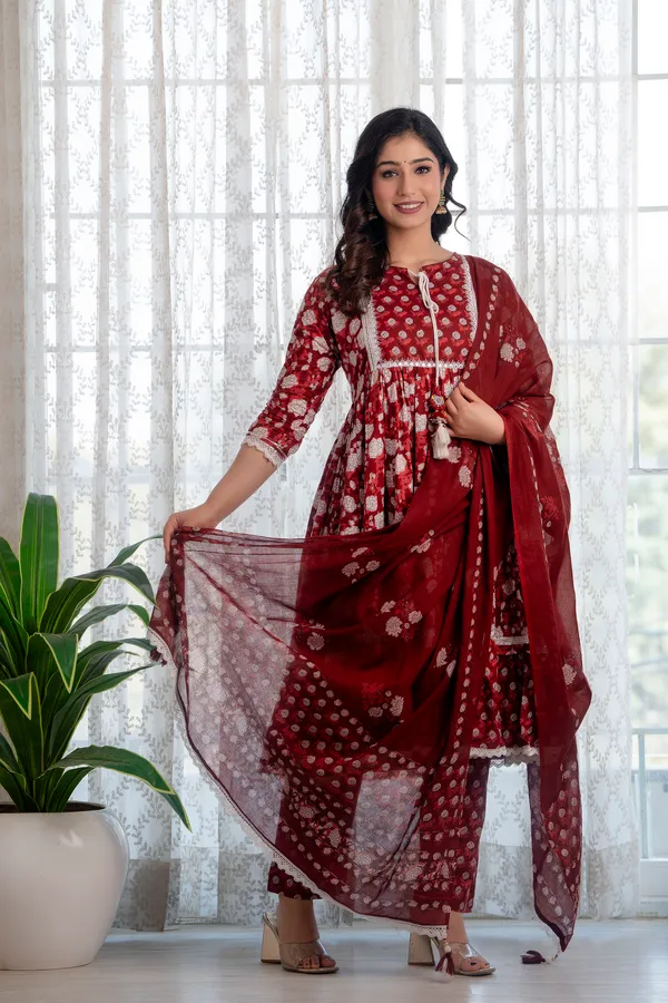 Maroon_Floral_Printed_Thread_Work_Pure_Cotton_Kurta_&_Palazzos_With_Dupatta_For_Women