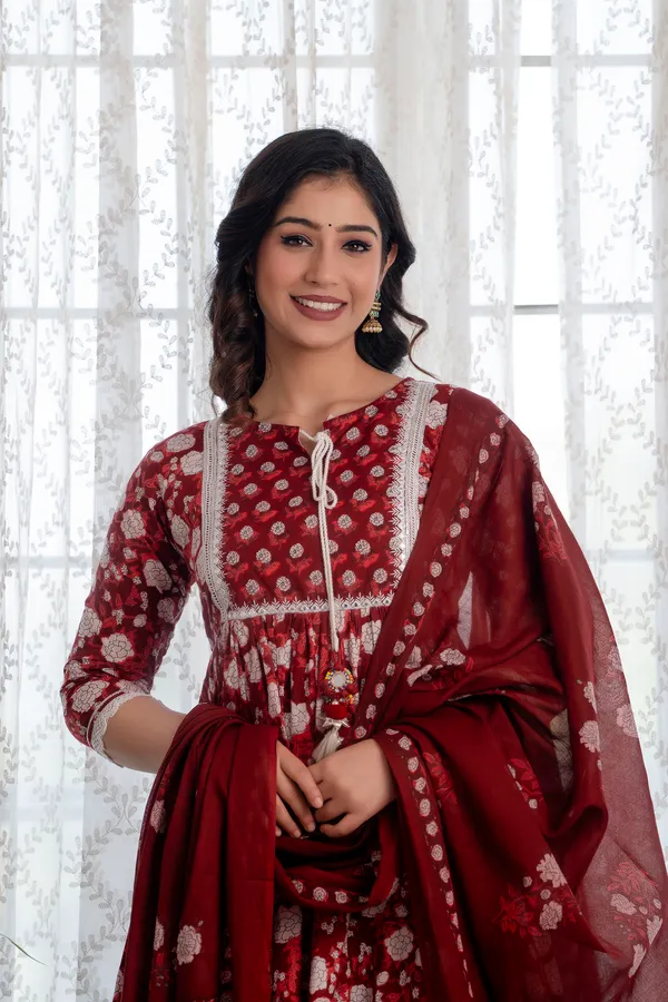 Maroon_Floral_Printed_Thread_Work_Pure_Cotton_Kurta_&_Palazzos_With_Dupatta_For_Women