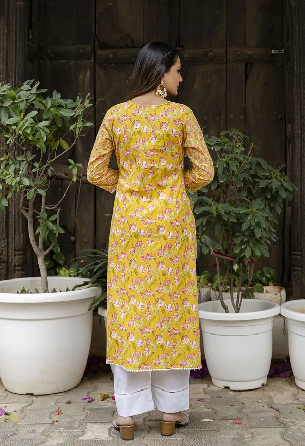 Yellow_Floral_Printed_V-Neck_Pure_Cotton_A-Line_Kurta_With_Trousers_&_Dupatta_For_Women