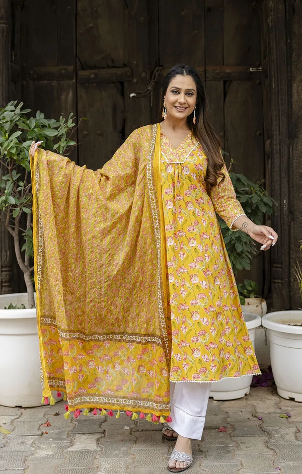 Yellow_Floral_Printed_V-Neck_Pure_Cotton_A-Line_Kurta_With_Trousers_&_Dupatta_For_Women