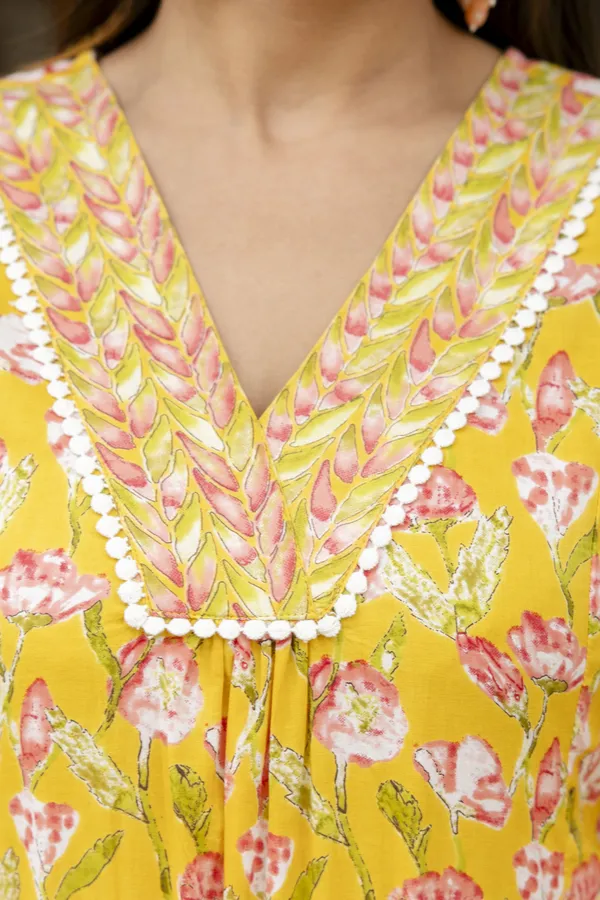 Yellow_Floral_Printed_V-Neck_Pure_Cotton_A-Line_Kurta_With_Trousers_&_Dupatta_For_Women