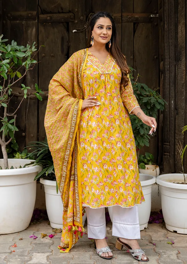 Yellow_Floral_Printed_V-Neck_Pure_Cotton_A-Line_Kurta_With_Trousers_&_Dupatta_For_Women
