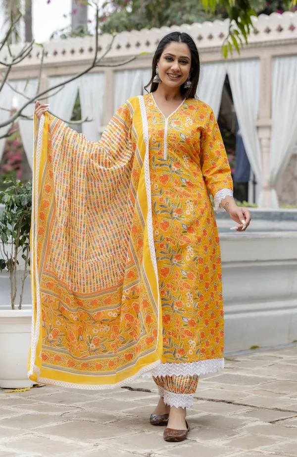 Orange_Floral_Printed_Pure_Cotton_Straight_Kurta_With_Salwar_&_Dupatta_For_Women