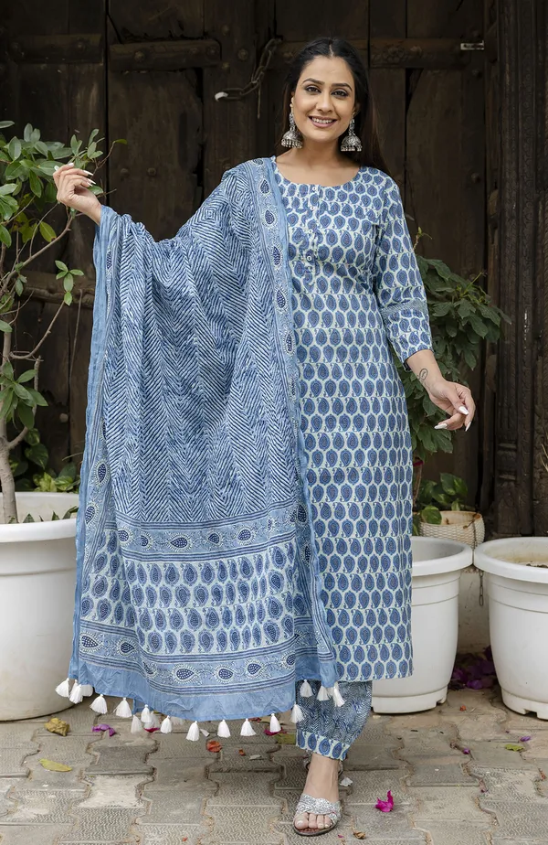 Blue_Paisley_Printed_Pure_Cotton_Straight_Kurta_With_Salwar_&_Dupatta_For_Women